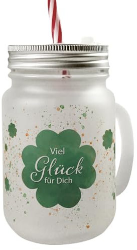 Kleeblatt Mason Jar Henkel Trinkglas mit Deckel mit Spruch Viel Glück für Dich Dankbar Spruch Getränk Glücksbringer Geburtstag Esszimmer Frauen Sprüche romantisch