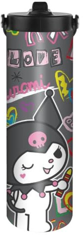 HOOKTA Kuromi Bouteille d'eau, 590 ml, en acier inoxydable, avec poignée, motif Kitty, avec paille, anti-fuite, réutilisable, à tirer, pour le sport