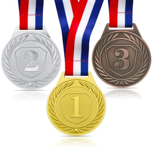 3 Stück Medaillen für Kinder, 6.5CM Gold Silber Bronze Metallmedaille olympische Dekoration, Sporttag, Medaillen mit Band, Halskette für Sporttagspreise, Turnwettbewerbe, Partygeschenke