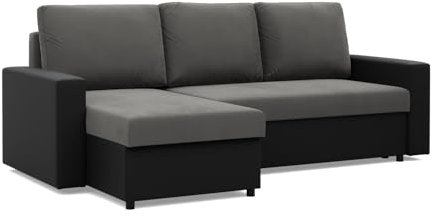 Mebligo - Luna Ecksofa, Schlafsofa mit Liegefunktion 140x231 nach Links oder rechts - 2 Container - Bonellfedern - Grau und Schwarz