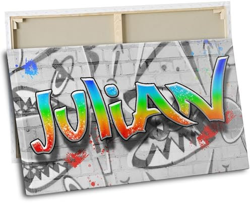 timalo® Kinderzimmer Leinwandbilder personalisiert mit Namen | Bild auf Leinwand Kinder Bilder für die Wand Wandbild xxl Mädchen Jungen Bild fürs Teenager Zimmer | 40 x 30 cm Buntes Graffiti