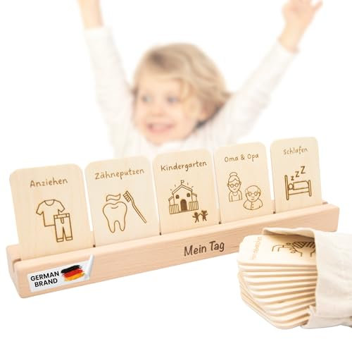 Astrein® | Montessori Tagesplaner | Routinekarten aus Holz | Montessori Spielzeug ab 3 Jahren | Tagesplaner für Kinder mit 16 Aktivitätskarten | Tagesabläufe Kleinkinder | (Montessori Tagesplaner)