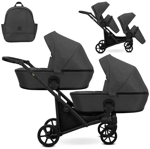 Kunert BRAV DUO Zwillingskinderwagen 2 in 1 + Zubehör: Komfort, Sicherheit, Praktikabilität, elegantes und funktionales Design, vielseitiges System, Aluminiumrahmen (Graphit/schwarzes Gestell)