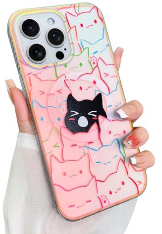 Heaofei Cute Case for iPhone 14 Pro Case for Women Girls Boys [ Compatible with Magsafe ] Iridescent and Black Cats Cat Pattern Design, Kawaii Colorful Animal Soft Bumper Protective Phone Cover