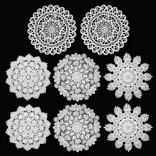 Oruola 8pcs Doilies Lace Paper,Paper Doilies White,White Cotton Handmade Placemats,Round Crochet Handmade Cotton Doyleys Lace papers for Kitchen Dining Room Party Wedding Dressers Decoration(6.5 In)