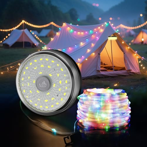 Camping String Lights 10M/32.8FT, 4000mAh Rechargeable Outdoor Tent Lights with 8 Lighting Modes, Quick Storage, Camping Essentials Gear, Hanging Waterproof Portable LED Lamp for Christmas Party