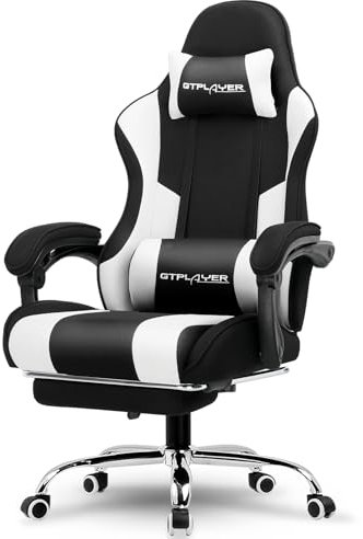 LUCKRACER Gaming Chair Massage With Footrest Ergonomic Computer Chairs High Back Support Height Adjustable Reclining Heavy Duty PC Chair (Fabric, White)