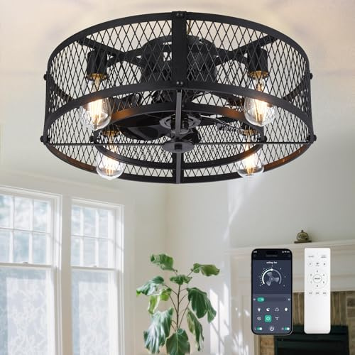 Depuley Caged Deckenventilator mit Licht: 20 Zoll Deckenventilator mit APP-Fernbedienung für Schlafzimmer - Ruhiger Motor Bauernhaus Deckenventilatoren für rustikale Küche (E27 Glühbirnen enthalten)
