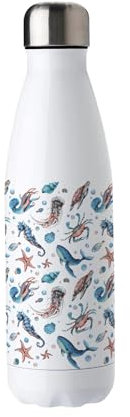 Purely Home Sea Life Stainless Steel Water Bottle - Ocean Themed Coastal Creatures Presents - Double Walled 500ml Metal Hot/Cold Drinks Bottle Outdoor Gifts