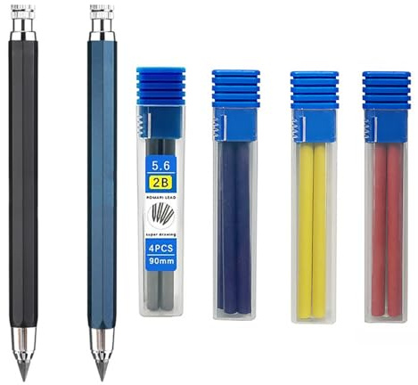 MROOFUL Druckbleistift-Set aus Metall, 5,6 mm, mit 2B 4-farbiger Mine, für Tischler, Markierung, Ingenieur, Zeichnen, Ingenieure, Skizzieren, Schreiben, automatischer Bleistift (schwarz + blau)
