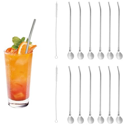 14 Stück Strohhalm Mit Löffel, Edelstahl, 2 Stück Reinigungsbürste, Für Latte, Macchiato, Cocktail, Milchshakes