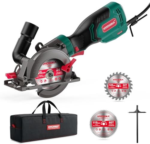 HYCHIKA Sega Circolare a Mano, Mini Sega Circolare 750W 3500 giri/min con Borsa da Trasporto, 3 Lame da Sega 115+125mm, Guida Parallela, Profondità di Taglio 48mm, per Legno, Metallo Dolce, Plastica