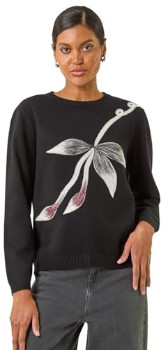 Roman Originals Women Embroidered Embellished Jumper - Ladies Round Neck Long Length Pretty Smart Casual Workwear Office Knitwear Sweatshirt Pullover