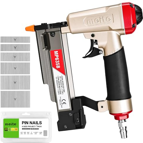 meite MP635B Compressed Air Pin Nailer with 23 Gauge 6,000 Pieces Pin Nails (12m, 15mm, 19mm, 25mm, 30mm, 35mm), Pneumatic 23 Gauge Pin Nailer, Fits 12-35 mm Pin Nails, Ideal for Paneling, Small Trim