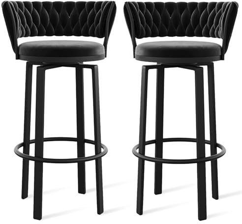 Barhocker, 360° drehbar, Samt, elegante Esszimmerstühle mit Rückenlehne und Fußstütze, 1/2/3/4 Stück, d/schwarzer Stoff, Küchen- und Pub-Hocker, schwarze Beine, modernes Design
