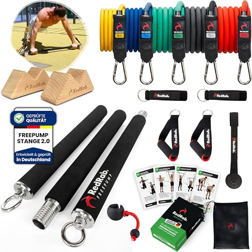 RED RAB Komplettset mit Fitness Stange, Fitnessbänder Set, Push Up Blocks & Trainingskarten für Widerstandsbänder Krafttraining Zuhause, Smart Workout Bar mit Resistance Bands & Trainingsbänder Set