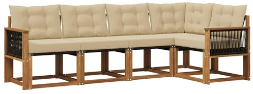 vidaXL Outdoor-Sofagarnitur mit Kissen 5 pcs Natur und Beige, Moderne Garten-Sofaset, wetterfestes Möbel, Bequeme Liege, stilvolles Outdoor-Sitzen für Entspannung