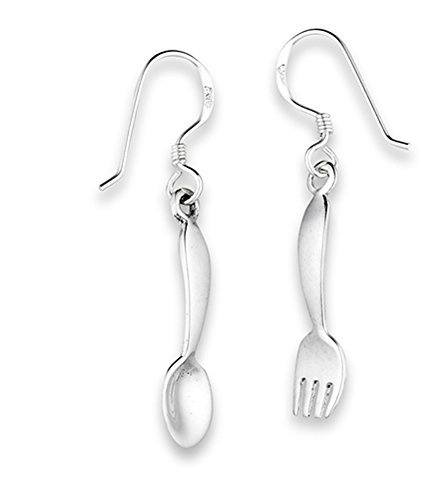 Foodie Spoon and Fork Flatware .925 Sterling Silver Utensils Simple Dangle Earrings, Sterling Silver, No Gemstone