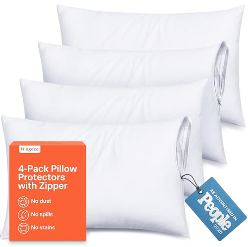 Ultra Soft Pillow Protectors with Zipper Standard Size - Set of 4 Breathable Pillow Covers - 100% Protection Against Stains, Dust & Dirt - Machine Washable (White)