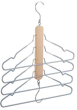 Relaxdays Mehrfach Kleiderbügel, platzsparend, 4 Hemdenbügel mit Hosensteg, Holz, Metall, Antirutschbügel, Natur/grau