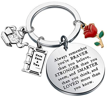 BAUNA Beauty and The Beast Keychain Fairytale Jewelry Belle Rose Charm Keychain Inspirational Gifts Always Remember You’re Braver Than You Believe Keychain