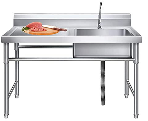SUNWEII Mobiles SpüLtisch,EinbauspüLe Edelstahl GebüRstet KüChenspüLe Bewegliche Outdoor-EssspüLe Kommerziellen EdelstahlspüLe Schrank UnabhäNgige Praktische Gartenwaschbecken,1mmRight-120X80X50cm