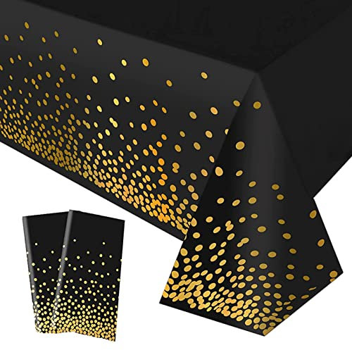 YAAVAAW 2 pièces 137 * 274cm Noir et Or Points Nappes Jetable,Rectangulaire Imperméables Nappe Plastique Décoration de Table pour Anniversaire,Fêtes,Mariages,Pique-niques,Halloween,Noël