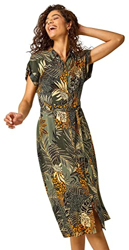 Roman Shirt Dress for Women UK Ladies Short Sleeve Sleeveless Belted Collared Midi Maxi Summer Spring Smart Casual Button Evening Office A Line Swing Skater - Green Mustard - Size 16