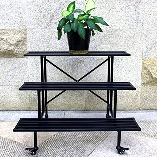 Support de plante mobile à 3 étages en métal robuste avec roulettes pour intérieur et extérieur, serre, jardin, terrasse, balcon