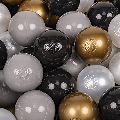 KiddyMoon 100 ∅ 7Cm Kinder Bälle Spielbälle Für Bällebad Baby Plastikbälle Made In EU, Schwarz/Perle/Golden/Grau