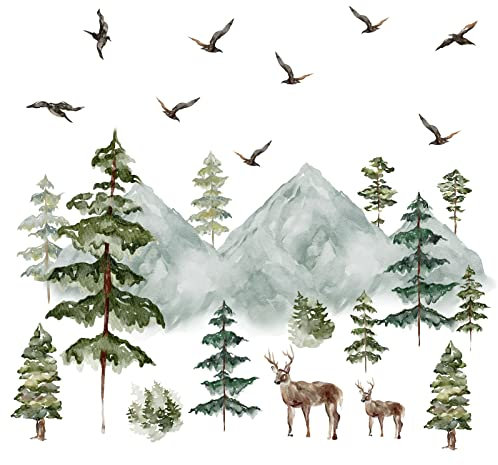Decalcomanie da parete con montagna grande albero di pino, adesivi da parete staccabili e attaccati, foresta, alberi, cervi, uccelli, animali del bosco, adesivi da parete con albero di montagna per la