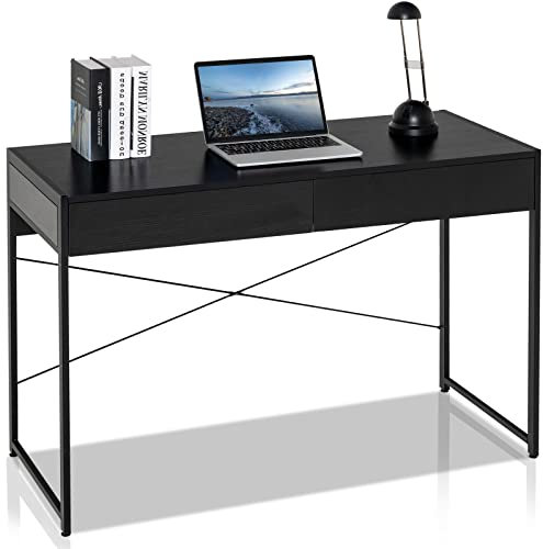 CASART Computer Desk, Wooden Home Office Desks PC Laptop Table with 2 Drawers & Adjustable Foot Pads, Metal Frame Study Writing Desk Gaming Table (Black)