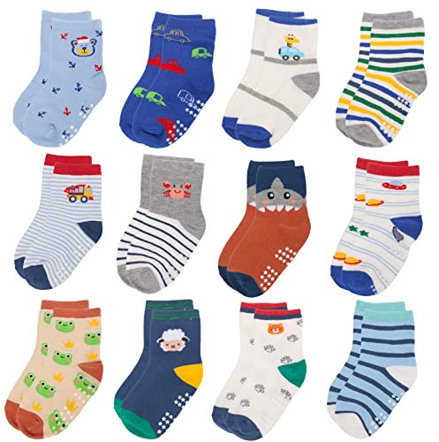 Yafane 12 Pares de Calcetines Antideslizantes para Niños Pequeños Infantil Recién Nacido Calcetines Antideslizantes Algodón para Bebés 0-7 años (Multicolor B, 1-3 años)