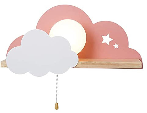 ANKBOY Wolken Wandleuchte mit Zugschalter, Kinderzimmer Wandlampe aus Holz/Metall/Glas Lampenschirm, Nachttischlampe E27 Fassung Moderne Wandbeleuchtung für Jungen Mädchen Kinder Schlafzimmer, Rosa