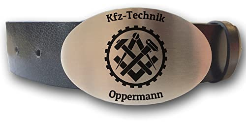 elbedruck Ledergürtel mit ovaler Gürtelschnalle Zunftzeichen Mechaniker und Wunschgravur personalisiert Dein Text Name Gürtel Geschenk Mechatroniker (XL (Länge 130 cm))