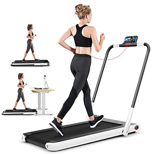 GYMAX Tapis de Course Pliable 2 en 1 avec Vitesse Réglable 1-12 KM/H, Tapis Roulant Électrique avec Écran LED, Télécommande et Support de Téléphone pour Maison, Gym, Bureau (Argent)