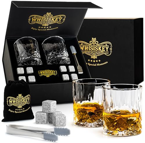 Whisiskey - Whisky Gläser Set - Whisky Zubehör Set - 8 Whiskey Steine & 2 Whisky Gläser – Whiskygläser - Eiswürfel Wiederverwendbar - Geschenke für Männer