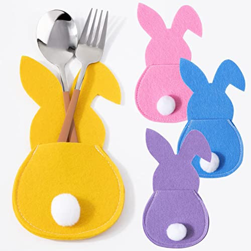 BOFUNX 4 Stücke Ostern Bestecktasche Filz Osterhase Besteckbeutel Besteckhalter Tischdeko Osterdeko Partydeko