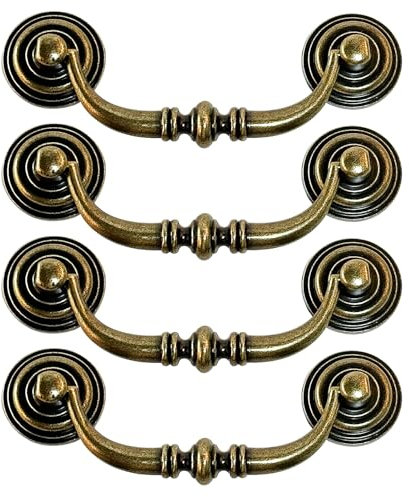SEIWEI Vintage Cabinet Handle, 4PCS 115mm Drawer Pull Handle, Kitchen Cabinets Cupboard Pull Drop Handle, Antique Furniture Door Pull Handle for Bedroom Wardrobe Dresser Drawer Cabinet (Brass)