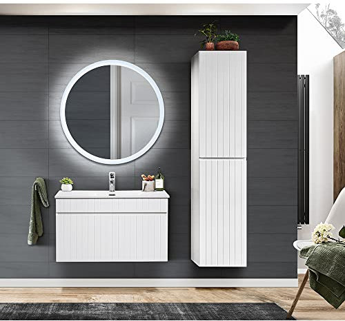 Lomadox Badmöbel Set in weiß matt, Waschtischunterschrank mit 80cm Keramik Waschtisch, LED Spiegel und Hochschrank, B/H/T: ca. 135/200/46 cm