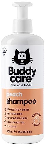 Buddycare Pfirsich-Katzenshampoo – Tiefenreinigendes Shampoo für Katzen – fruchtig duftend – mit Aloe Vera und B5 – 500 ml