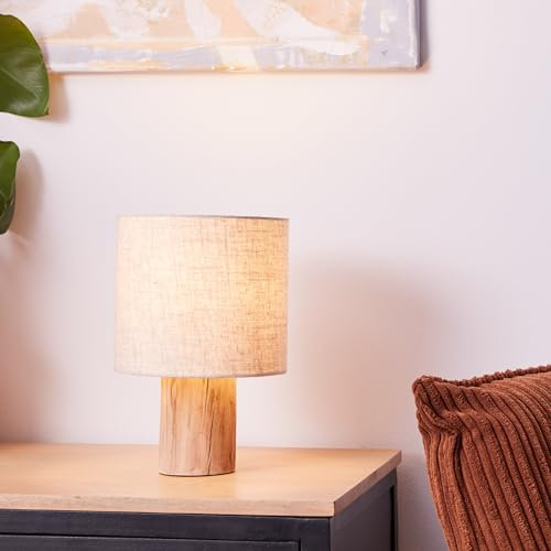 Lightbox Tischlampe im Nature Stil | Boho Tischleuchte mit Stoff Schirm in Leinen Optik 30 cm Höhe | Ø 20 cm | E27 Fassung | Nachtischlampe für das Schlafzimmer | aus Holz/Textil | in Hellbraun/Beige