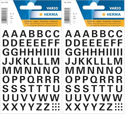 HERMA 4158 Buchstaben Aufkleber A - Z, wetterfest (Schriftgröße 10 mm, 1 Blatt, Folie) selbstklebend, permanent haftende Alphabet Sticker, 74 Etiketten, transparent/schwarz (Packung mit 2)