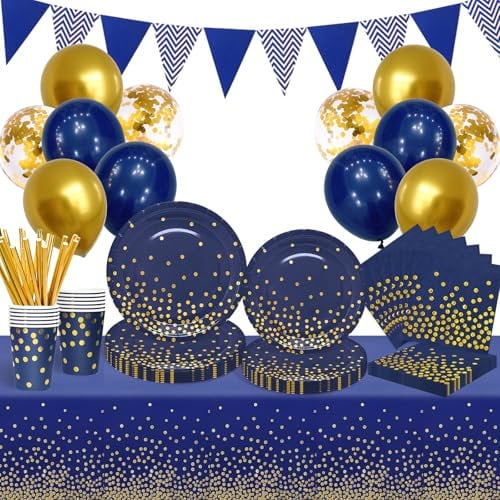 Vajilla de fiesta azul marino dorado, juego de vajilla de cumpleaños, platos de papel, servilletas, tazas, popotes, manteles, globos, para boda, compromiso, baby shower, suministros de fiesta de