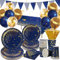 Party Tableware Navy Blue Gold, Birthday Tableware Set, Paper Plates Napkins Cups Straws Tablecloth Balloons, for Wedding Engagement, Baby Shower, Christmas Party Supplies Decorations, 20 Guests