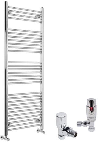 Warmehaus Contemporary Straight Heated Bathroom Towel Rail Radiator Rad 1500 x 600mm Chrome - with Angled TRV & Lockshield