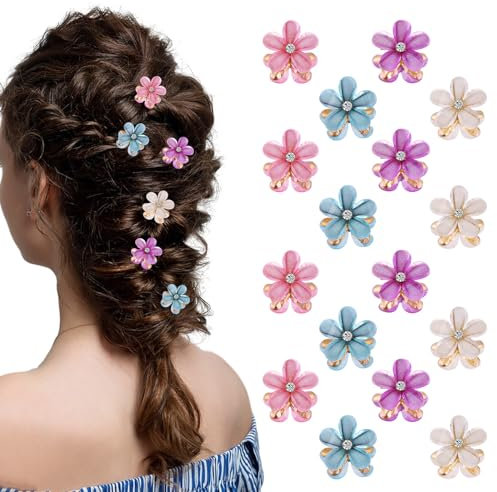 Amabro 16PCS Flower Hair Claws, Crystal Mini Flower Hair Clips Small Rhinestone Hair Barrettes Floral Petal Hairpin Cute Decorative Accessories for Girls Women(Blue, Beige, Pink, Purple)