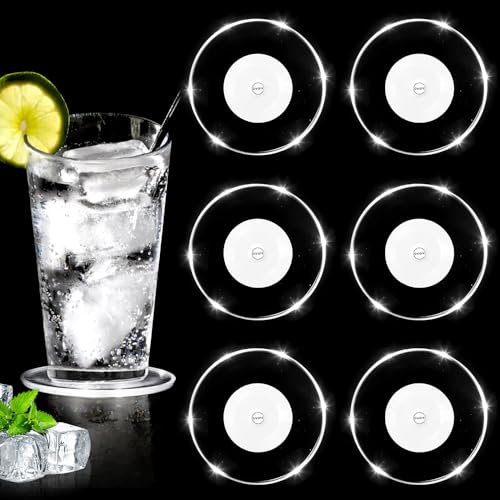 yotutun 6 Stück Kühle Weiß LED Untersetzer Leuchtende, LED Untersetzer für Getränke Wasserdicht ON/Off Taste Untersetzer Set Acryl Leuchtuntersetzer Rund für Partys Hochzeiten Hochzeiten Bar