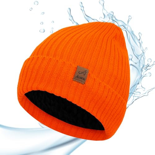 ACUSHLA Wasserdichte, winddichte Mütze mit Manschette – dicke Fleece-gefütterte Strickmütze für Damen und Herren, warme Uhrenkappe für kaltes Wetter, hellorange, Einheitsgr��e