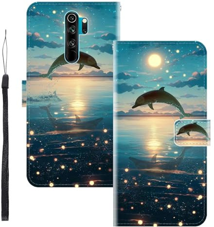 WUACYEAMING für Xiaomi Redmi Note 8 Pro Hülle Premium PU Leder Flip Klappbare Stoßfeste Magnetische Schutzhülle Tasche mit Kartenfach Geld Slot Ständer Delphin